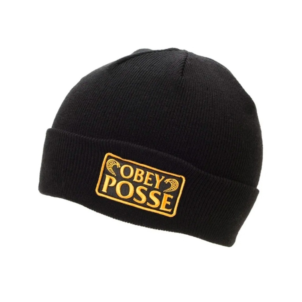 Obey Men Beanie Hat Patch Los Cobras Black Gold  New With Tags